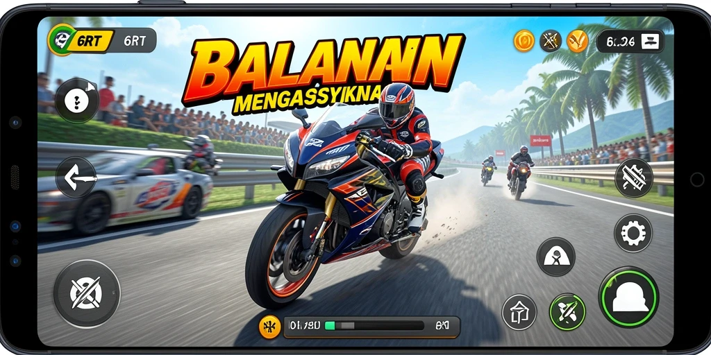 Tampilan seru gameplay 6RT dengan balapan motor cepat.