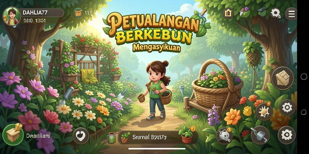 Tangkapan layar utama DAHLIA77 menunjukkan kebun yang subur dan berwarna-warni.