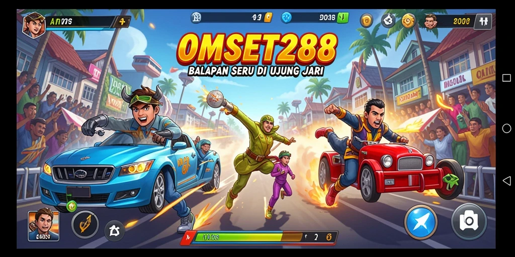 Screenshot gameplay seru dari OMSET288 dengan mobil balap yang melaju cepat.