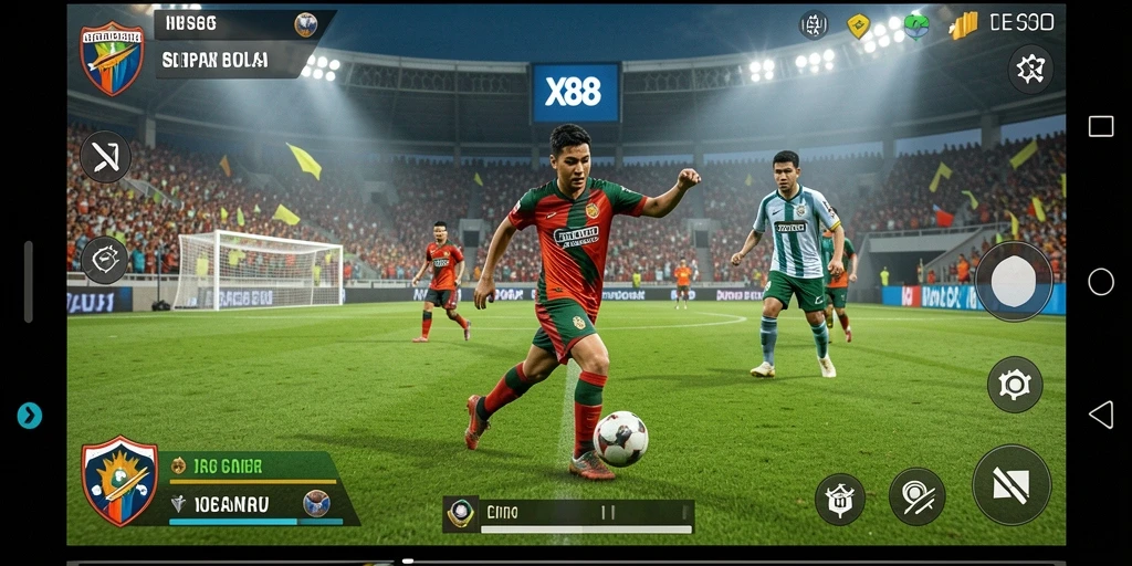 Tampilan gameplay seru dari X88 dengan aksi sepak bola yang mendebarkan.